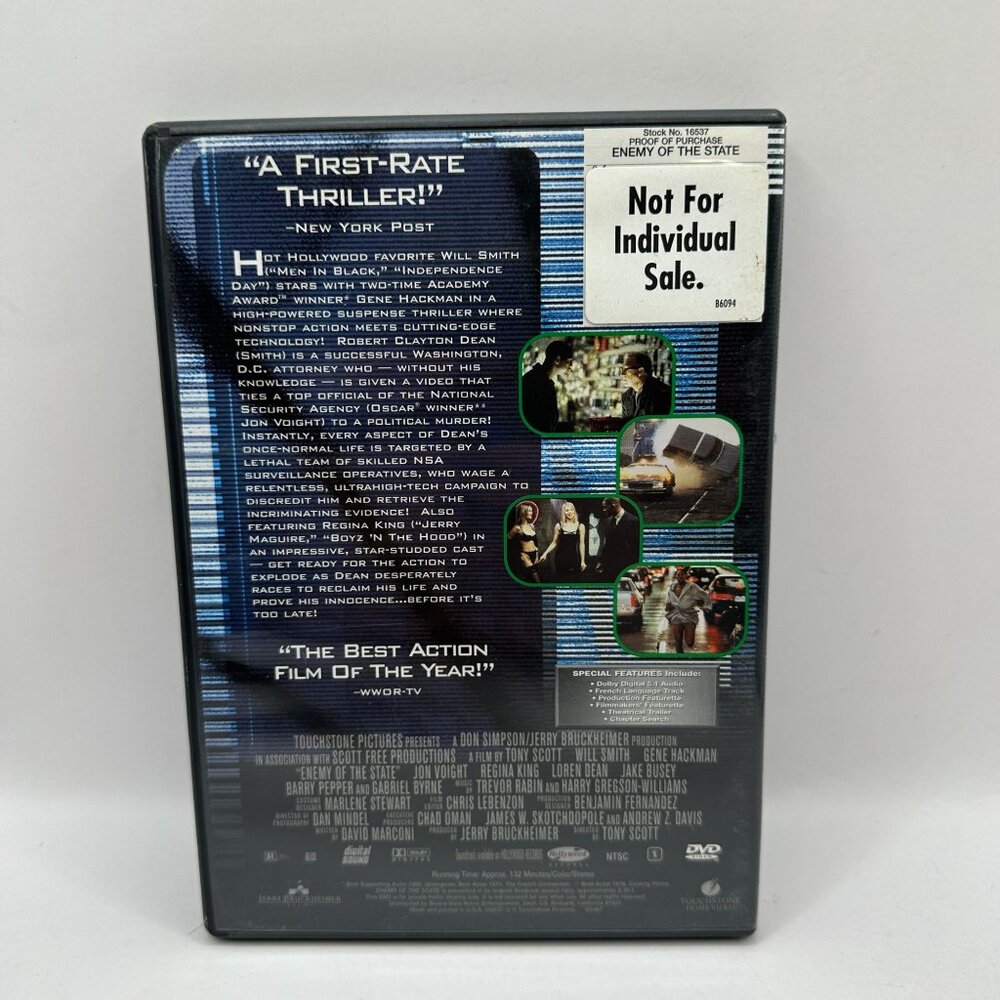 Enemy of the State DVD Movie Rated R Touchstone NTSC Widescreen Will Smith - Picture 3 of 4